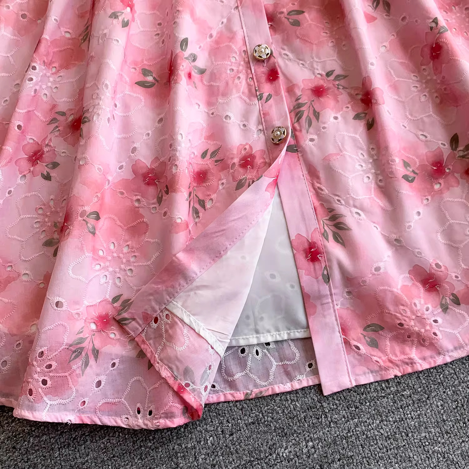 Youthful French Style Embroidered Print Dress With Raglan Sleeves Button Down Waist Cinching Long Light Luxury Summer Dress_ecoleips.com