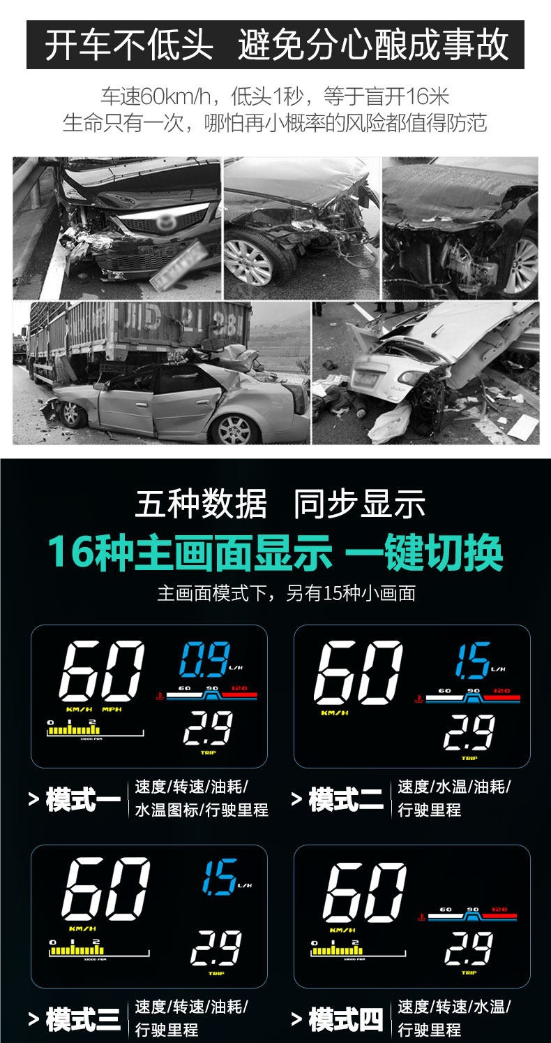 Car Hud Head-Up Display, Car Obd Multi-Function Speedometer, Water Temperature, Fuel Consumption, Rpm Dashboard, High-Definition Projection
