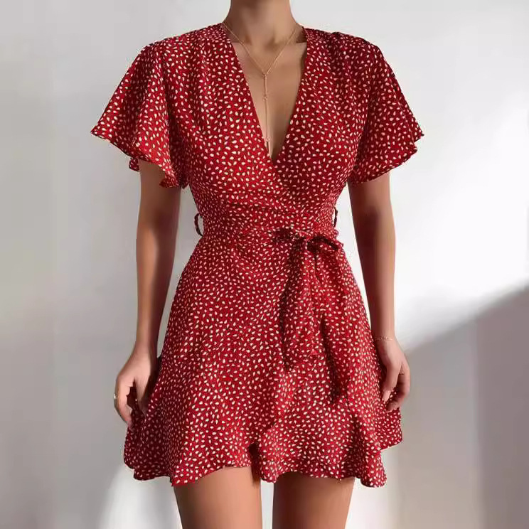 2024 Amazon Summer Hot-Selling New V-Neck Ruffle Belt Wrap Dress for Women, Dropshipping Available