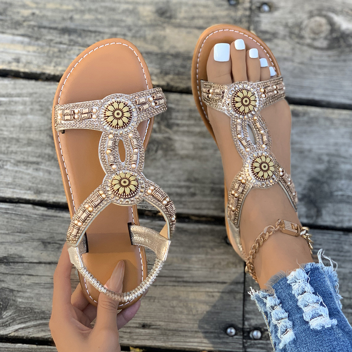 Bohemian 2024 Sommer Neue Perlen Wasser Diamant Bull Muscle Sohle Anti rutsch Schwangere frauen Schuhe Strand Sandalen_voghion.com