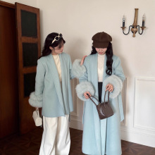 正肩系带双层狐狸袖毛双面羊毛大衣女秋冬气质毛呢外套