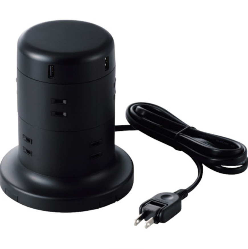 日本elecom宜丽客插排/塔式防尘插座/TT-U01-0820BK