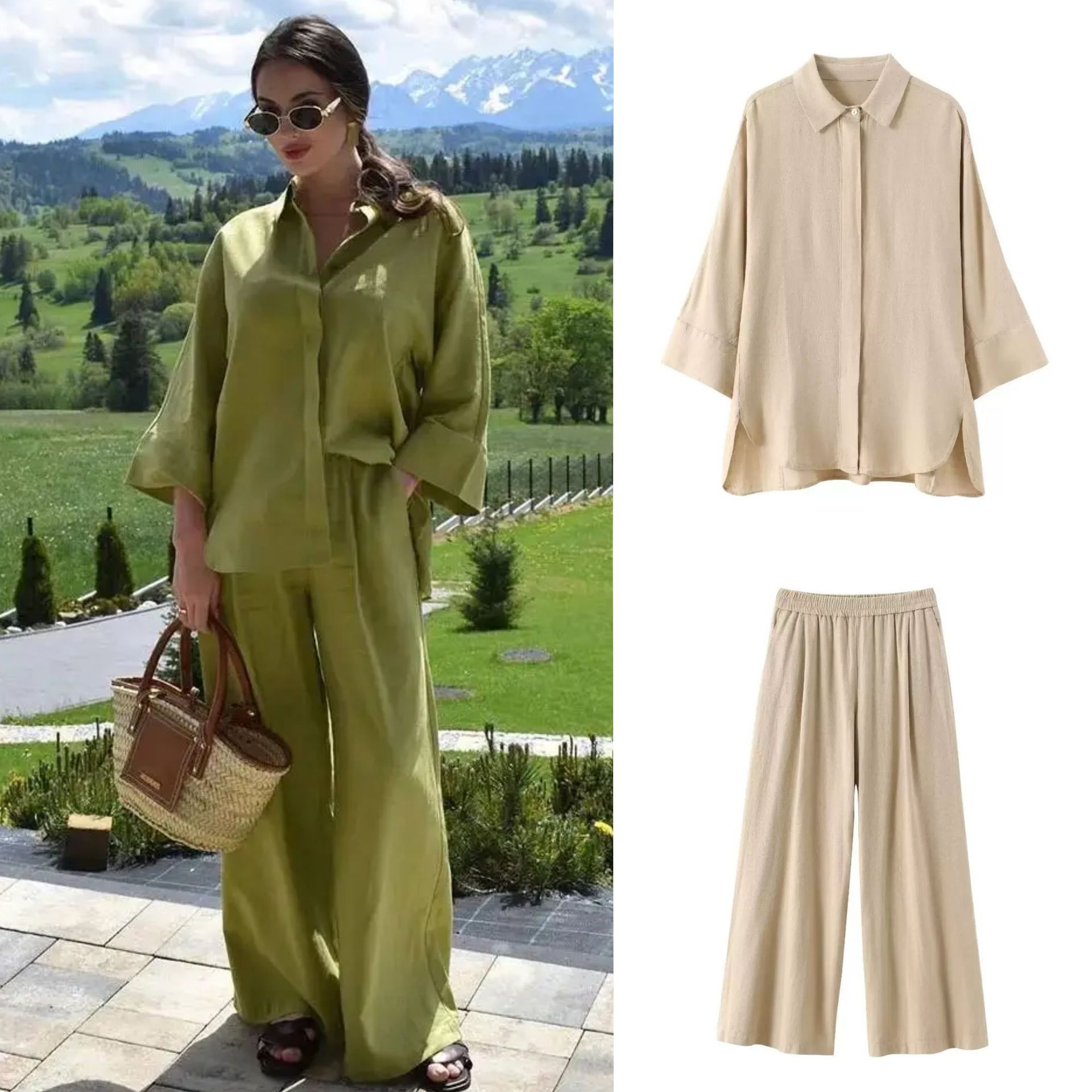 Za Aliexpress Popular Cross-Border Export European and American Style Women's Wide-Sleeved Linen Shirt Elastic Straight Pants Suit
