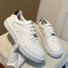 新款鸵鸟皮板鞋男士百搭系带真鸵鸟皮休闲鞋时尚潮流白色耐磨男鞋