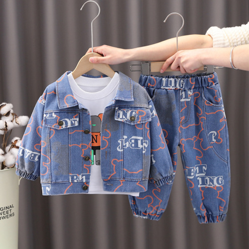 Spring and Autumn New Denim Cardigan Jacket Children's Trendy Suit Boys and Girls Jeans Three-piece Set Wholesale Shipping