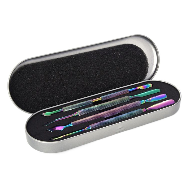 Suministrado directamente por el fabricante, lima de uñas de doble cabeza Temu, removedor de cutículas, empujador de acero para manicura, juego de herramientas transfronterizo, juego completo, titanio de color.