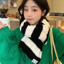 心动韩版纯色毛线围巾女秋冬季日系时髦百搭保暖针织条纹笑脸围脖