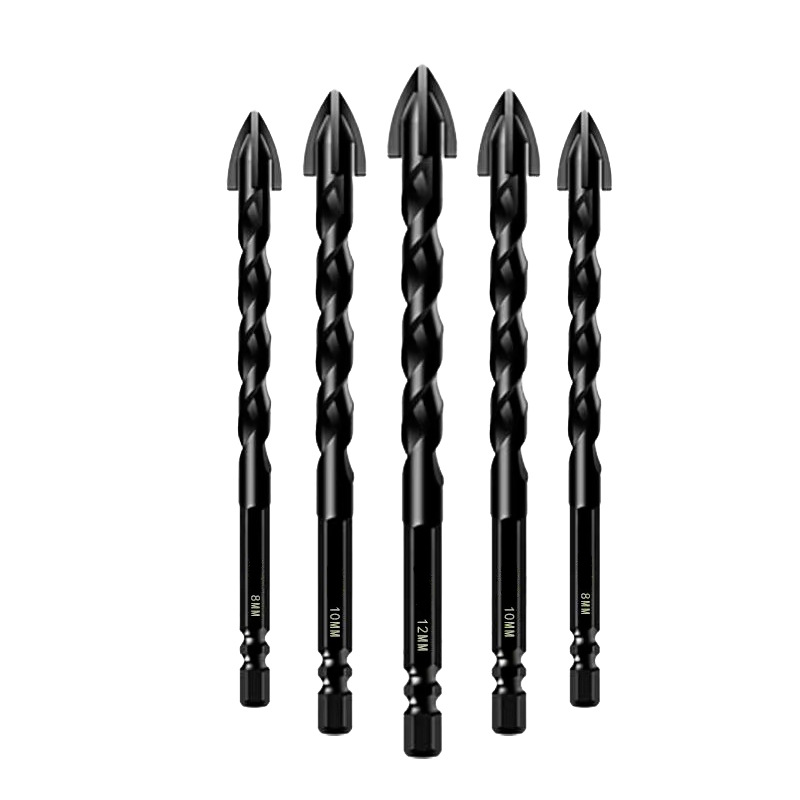 Broca cruzada de acero de tungsteno genuino, mango hexagonal de alta dureza, taladro seco multifuncional, taladro cruzado de cuatro hojas perforado de vidrio
