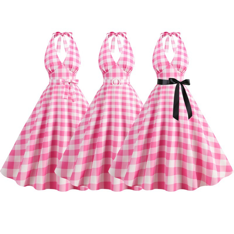 Рекордное пятно 2023 Amazon трансграничный взрыв горячая распродажа шейный Барби платье в клетку с принтом