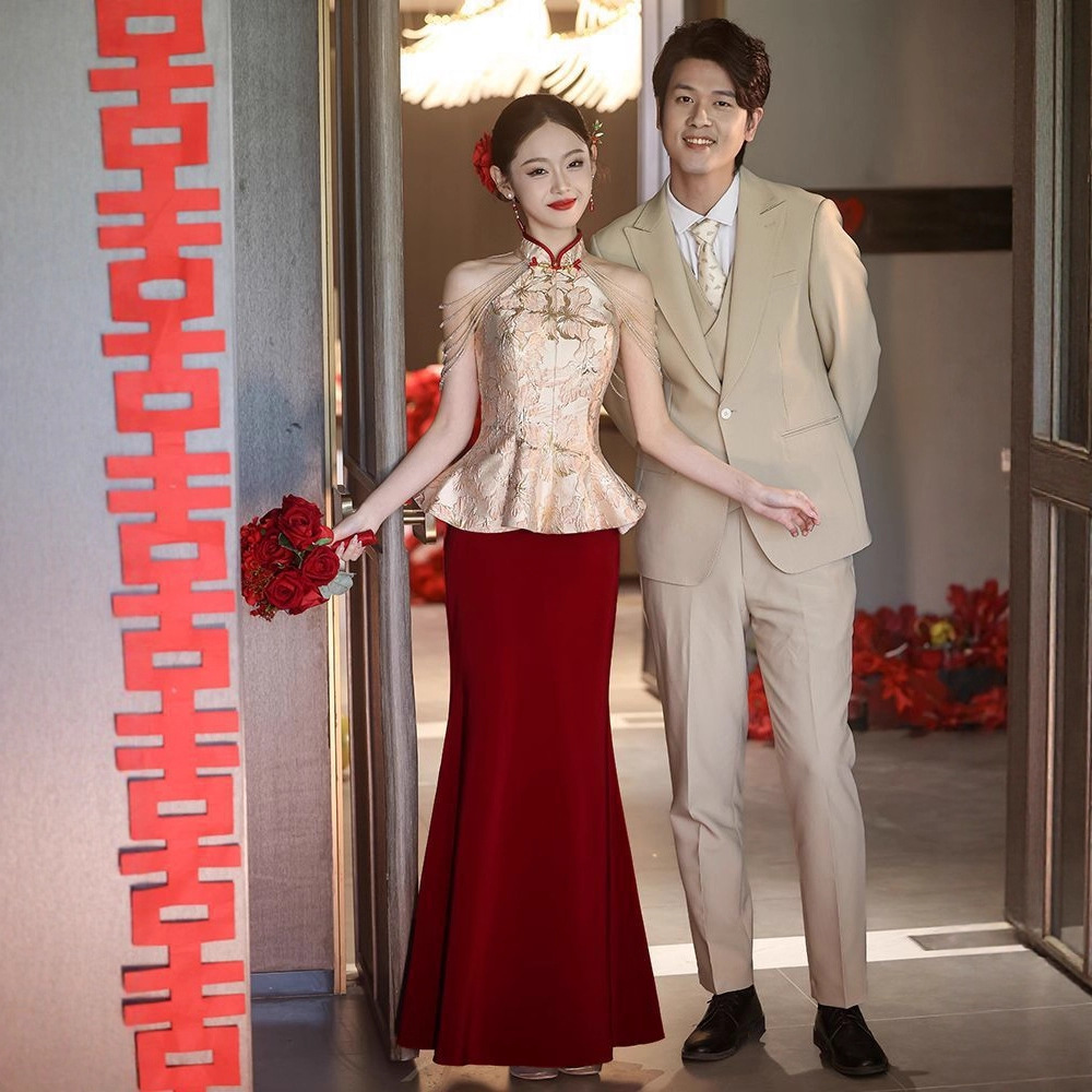 Burgundy Cheongsam Toast Dress for Petite Brides, Engagement Dress, Wedding Casual Dress, New Chinese-Style Morning Robe for Women, Slimming