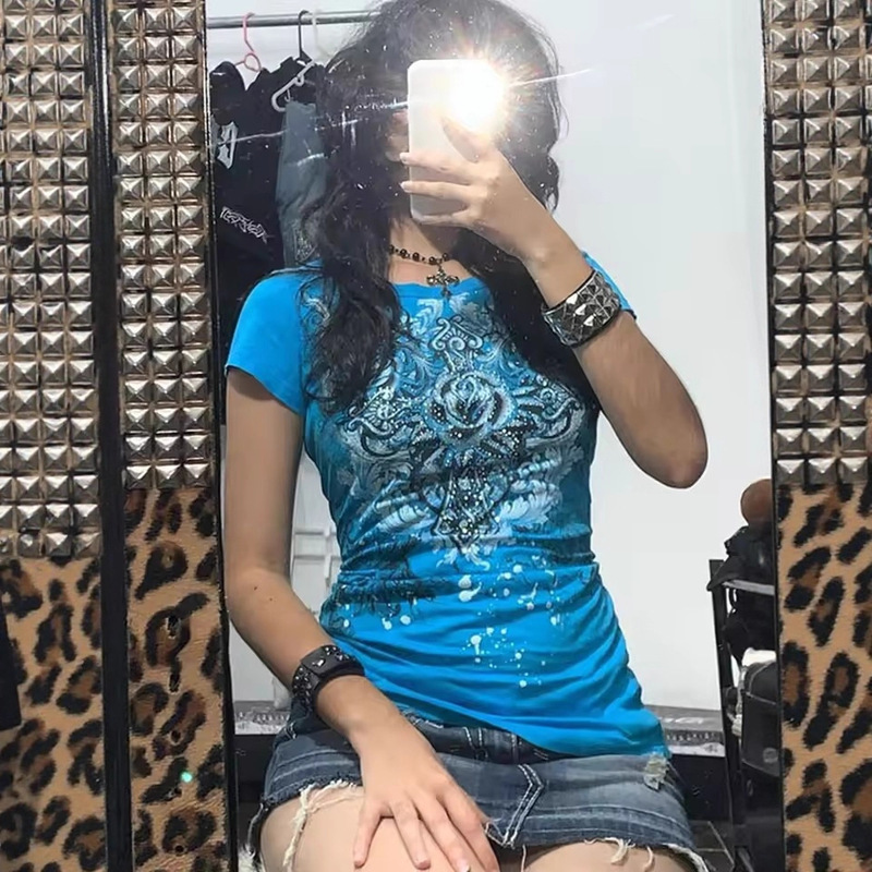 Japanese and Korean Style 2025 European and American New Y2K Slim Pattern Printed T-Shirt Hot Girl Fashion Retro Women's Blue Cross-Border