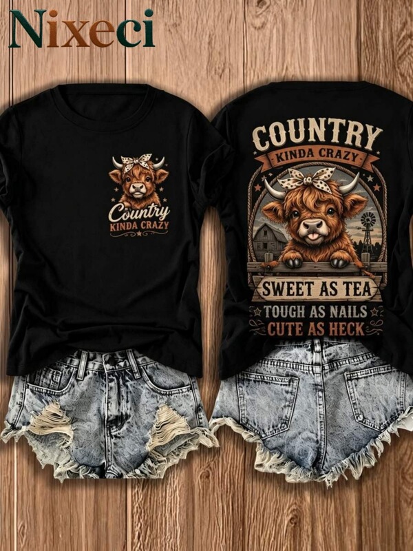 Western-style, small-cow print, retro text design, women's round-neck short-sleeve T-shirt, loose and casual fit, perfect for summer, with a pastoral vibe Western-style, small-cow print, retro text design, women's round-neck short-sleeve T-shirt, loose and casual fit, perfect for summer, with a pastoral vibe