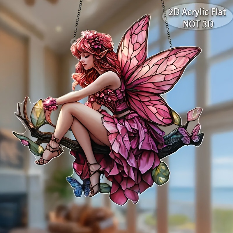 Colgante plano 2D, 1 pieza de rosa Fairy Acrylic Colgante - 8 "x 8" Dream Catcher