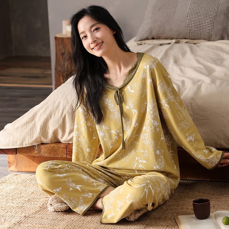 纯棉睡衣女秋冬季新款宽松可外穿长袖长裤圆领套头外穿家居服套装|undefined