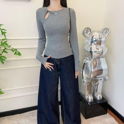 Design-embossed hollow long-sleeve T-shirt for women, 2025 new style, slim fit, inner layer, base layer top, early autumn, niche, non-collision item.