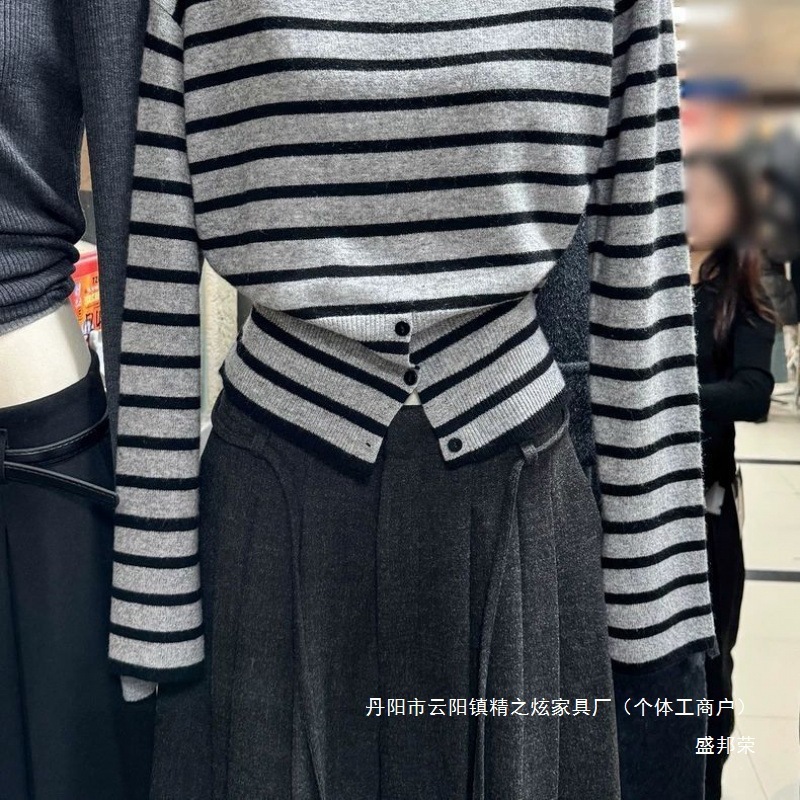 厂家直销2025秋冬新款韩系套头小众条纹撞色排扣开叉不规则针织衫|undefined