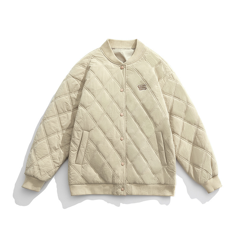 2023 Otoño e Invierno nueva marca de moda suelta rombo Plaid abrigo de algodón acolchado Abrigo de algodón acolchado coreano serie de etiqueta azul de carretera