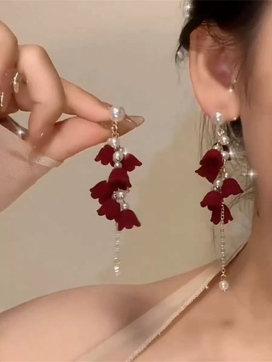 Festive red cute long demi-season earrings with bow with tassels, flowered