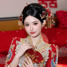 新中式秀禾服新娘重工滴胶红色花朵发簪龙凤褂发饰爆款结婚头饰品