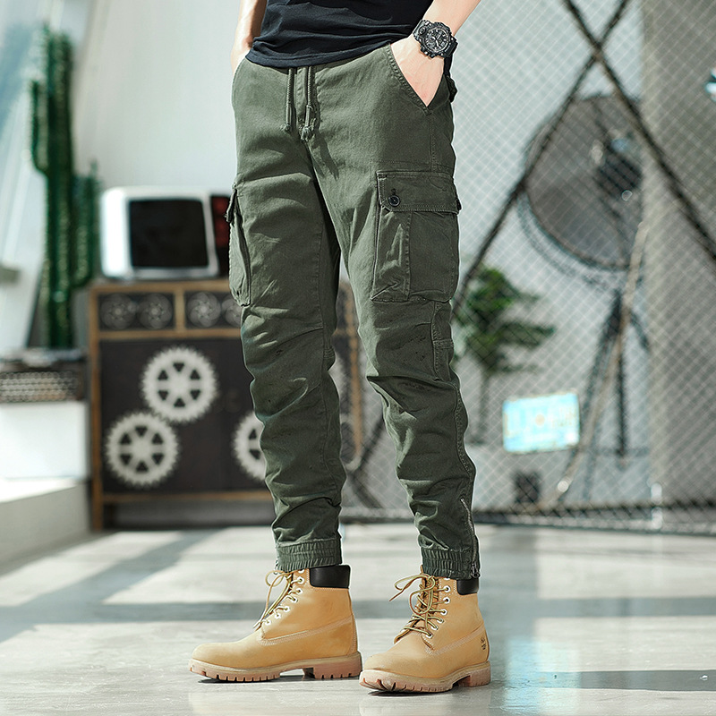 Lavado pesado multi-bolsa guardapolvos de los hombres de primavera y otoño de algodón estiramiento suelta recta marca de moda Pantalones con cremallera pantalones Casuales