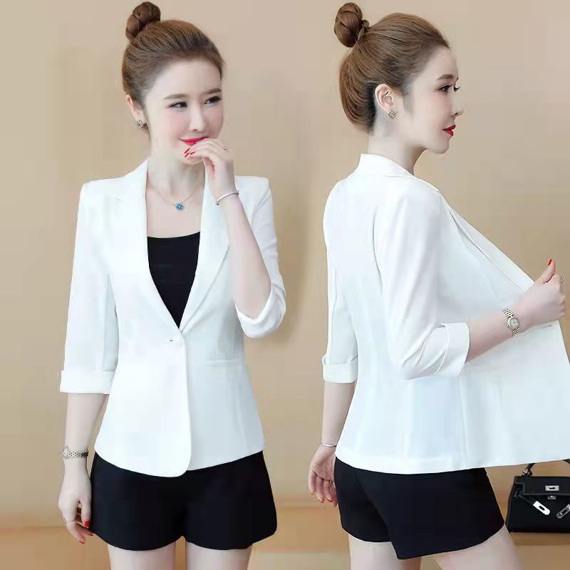 White Blazer for Women, Summer Thin Style, Three-Quarter Sleeves, Short Fit for Petite Figures, Slim Fit, Mid-Sleeve Top, Elegant and Casual