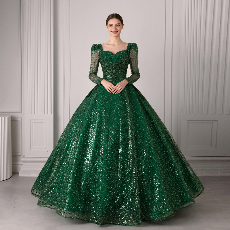 2026 European and American Cross-Border New Style Colorful Heavy Beaded Evening Dress Long-Sleeve Ball Gown Performance Tutu Skirt Foreign Trade Wedding Dress