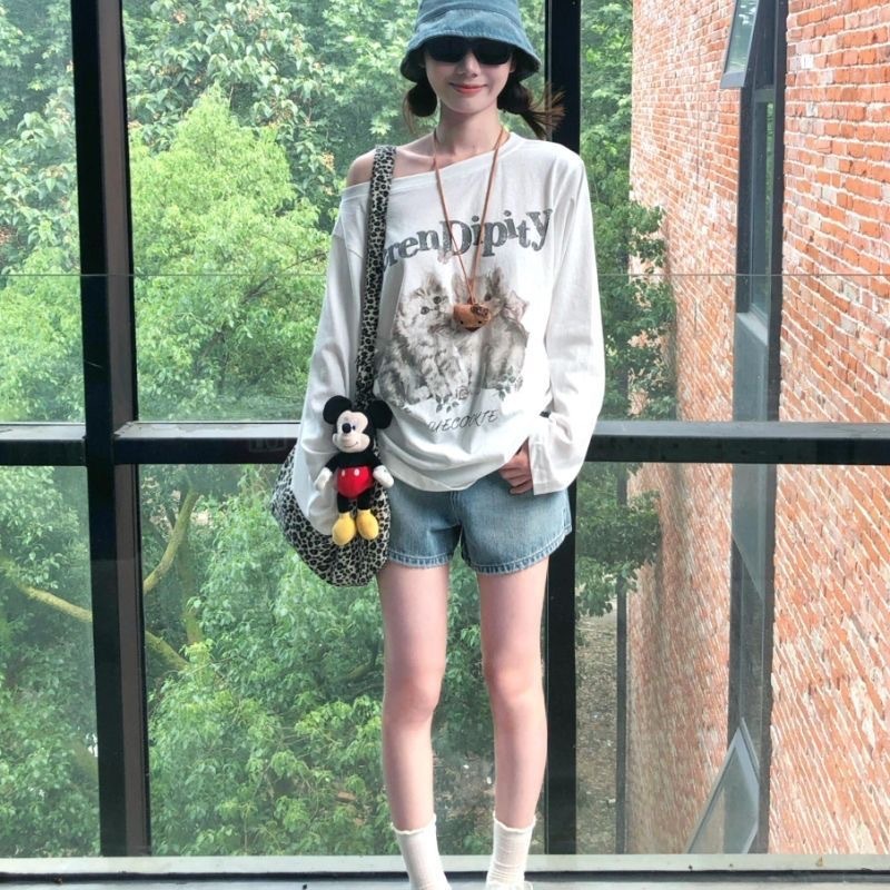 韩系ins风斜肩露肩小上衣T恤宽松显瘦辣妹长袖早秋百搭超好看上衣|undefined