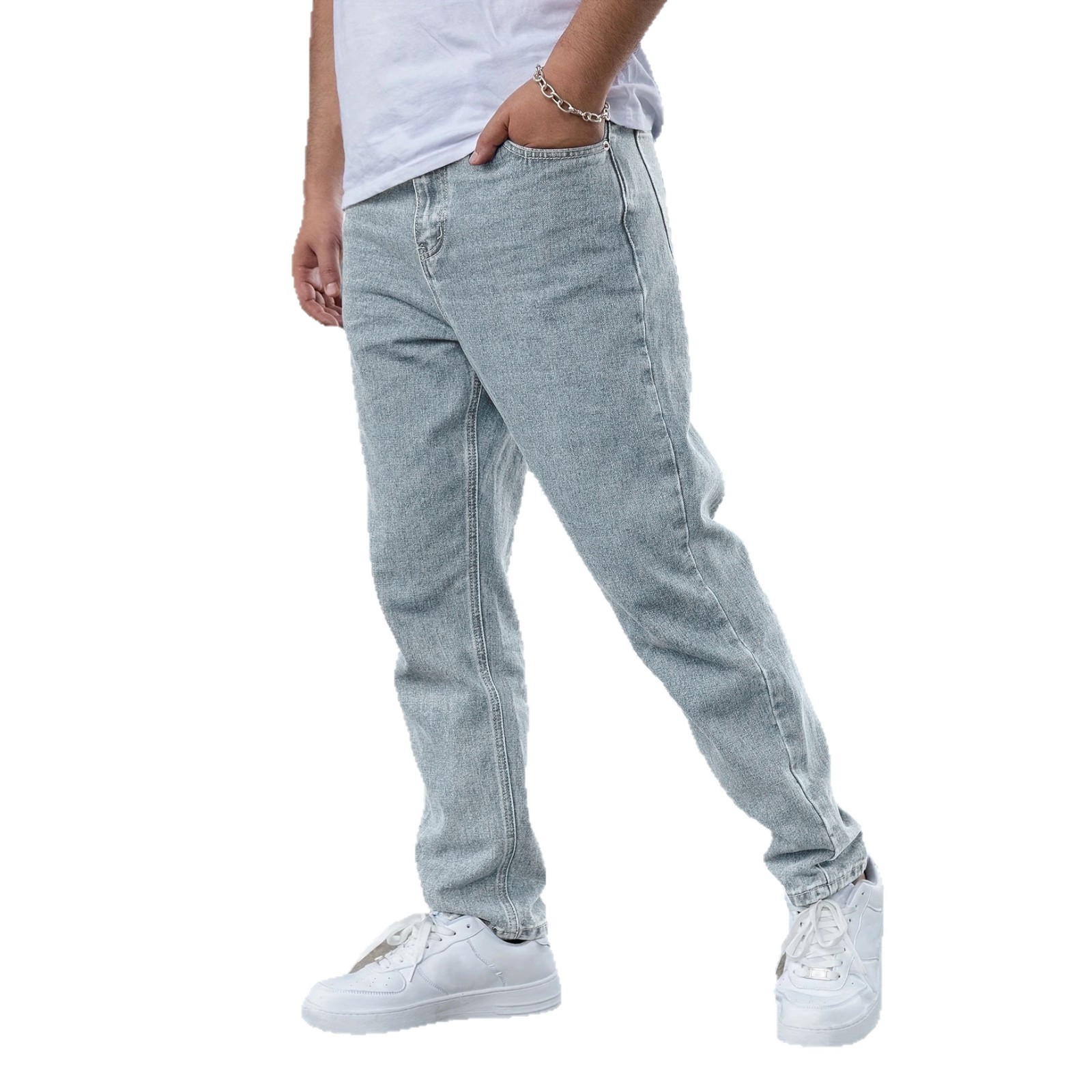 Men's Light Blue Straight Leg Jeans Casual Stretch Cotton Trousers Midweight Zipper Fly Mid Waist Long Pants_voghion.com