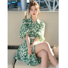 2025春夏韩系减龄洋气绿色碎花长袖连衣裙女多巴胺田园绝美衬衫裙