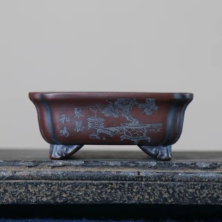 紫砂花盆棱角长方形手工刻绘张可磊盆景盆古典仿古桌面盆栽