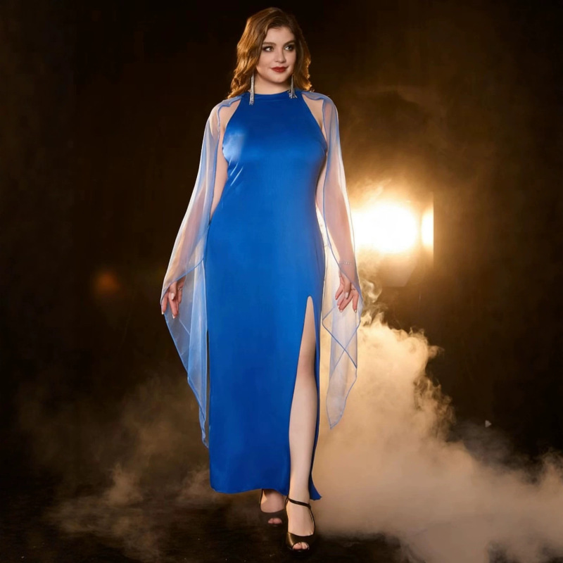 New Solid Color European and American Style Plus-Size Ready-To-Ship Elegant Long Fitted Evening Dress with Shawl Sleeves and Slit