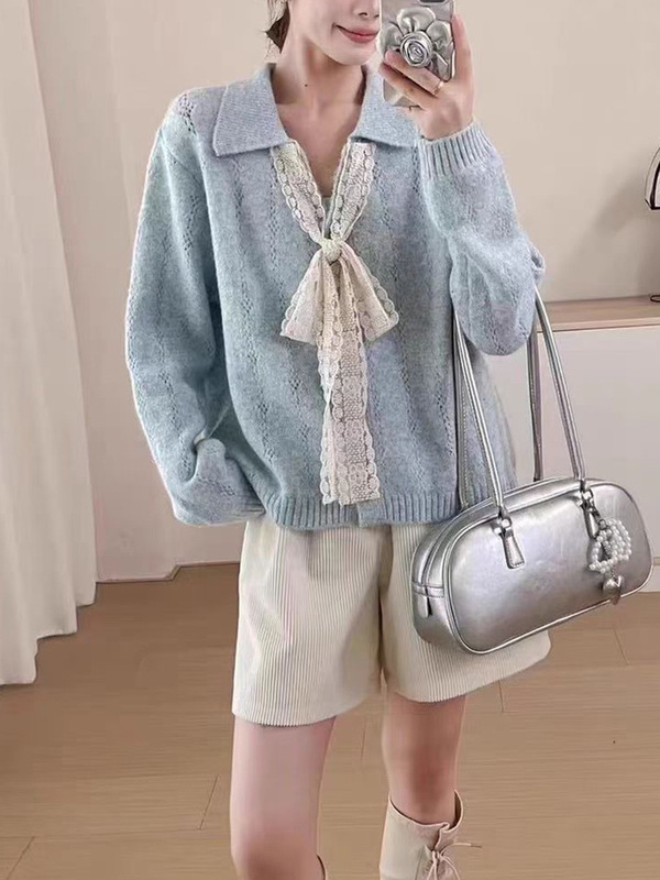 蕾丝系带蝴蝶结针织开衫女2025秋冬新款韩系简约显瘦百搭毛衣外套|undefined