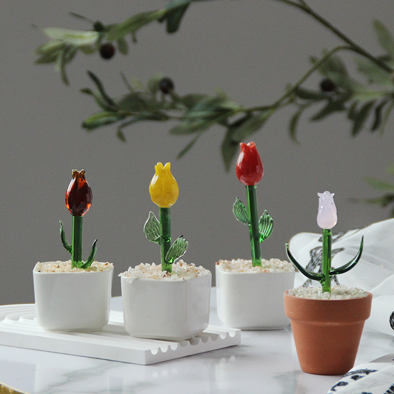 Creative Glass Tulip Artificial Plant Pot Plant, Fake Flower Decorations, Living Room High-end Desktop Ornament