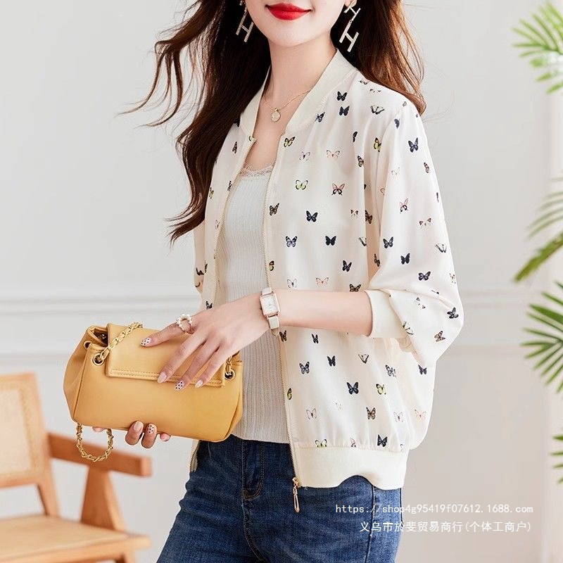 Chiffon long-sleeved sun protection jacket 2026 summer thin casual jacket baseball uniform rose print cardigan coat women's trendy