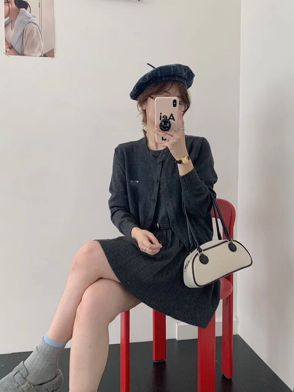 新品Miu无袖连衣裙+针织开衫两件套圆领显瘦气质配腰带25秋冬套装|undefined