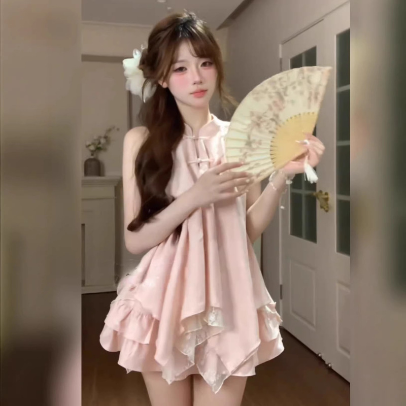 New Chinese-Style Outfit for Women, Summer National Style, Very Beautiful Pink Irregular Halter Top and Tiered Skirt Set