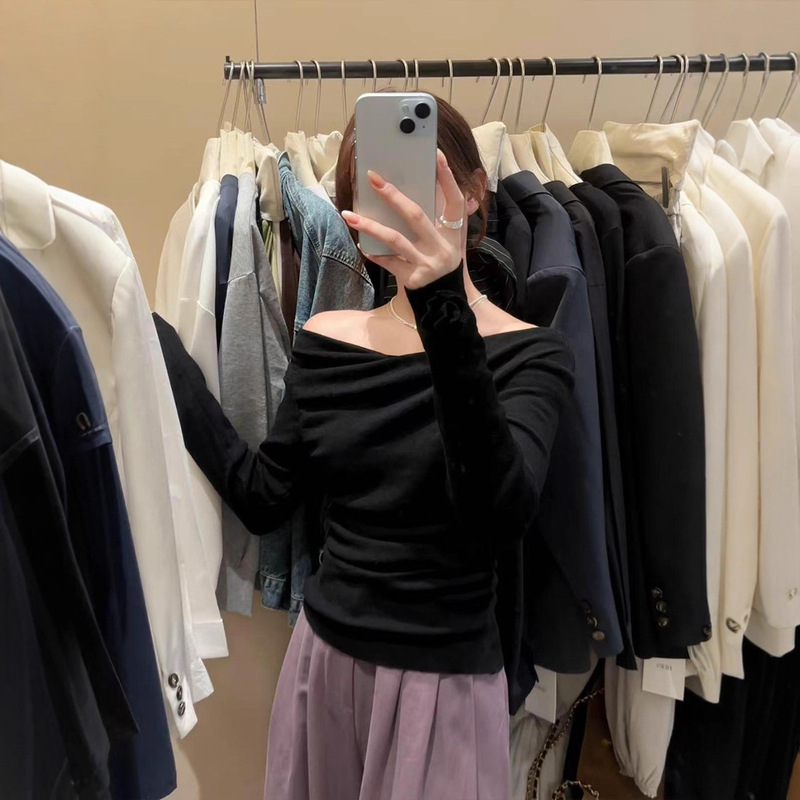 早秋白色立体花朵荡领露肩针织衫女春秋冬内搭打底衫上衣|undefined