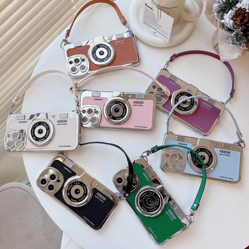 Retro Electroplated Camera Suitable for Iphone16Pro Max Mobile Phone Case Apple 15 New 14/13 Leather Texture Satchel