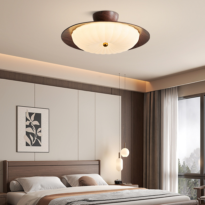 Lámpara de techo de dormitorio nuevo estilo estilo antiguo patrón de nogal ambiente cálido luz de habitación luz de estudio LED redonda