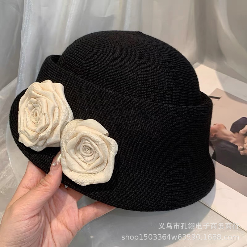 韩系千金风山茶花卷边盆帽女士夏季薄款法式赫本风礼帽亚麻画家帽|undefined