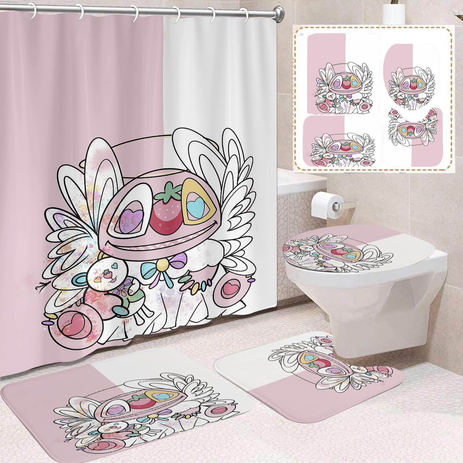 Venta directa de fábrica lindo baño de dibujos animados de cuatro piezas cortina de ducha impermeable cortina de ducha sin perforación cortina de partición de baño de baño