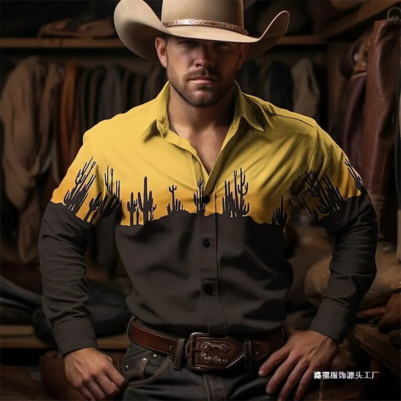 Autumn and Winter Shirts for Everyday Outdoor Wear, Denim Turn-Down Collar Casual Men's Long-Sleeve Shirts, Cactus Design, in Stock, Western-Style Streetwear 3D Autumn and Winter Shirts for Everyday Outdoor Wear, Denim Turn-Down Collar Casual Men's Long-Sleeve Shirts, Cactus Design, in Stock, Western-Style Streetwear 3D