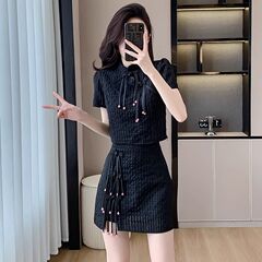 夏の服とセットでやせている新中国式女装改良チャイナドレス塩系高級感黒色二枚のスーツスカート