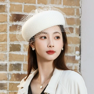 定制批发日系潮韩秋冬天羊毛呢贝雷帽子女保暖纯色优雅南瓜帽网纱