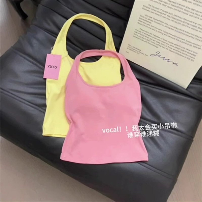 Music Festival Wear, Beautiful Summer Milky Yellow Halterneck Camisole with Breast Pads for Women, Sleeveless Top That Can Be Worn Outside in Summer