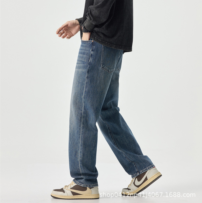 Blue Four-Way Stretch Straight-Leg Jeans for Men, Summer 2026 New American-Style Loose Wide-Leg Pants for Boys