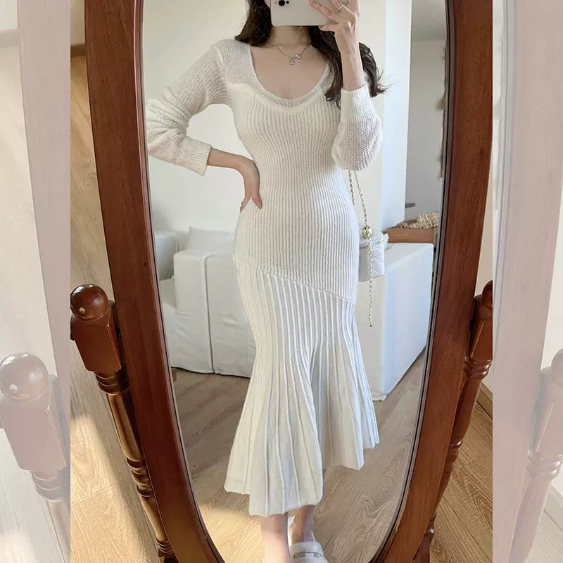 韩漫人鱼显瘦羊毛连衣裙女秋冬新款气质时尚收腰V领针织鱼尾裙
