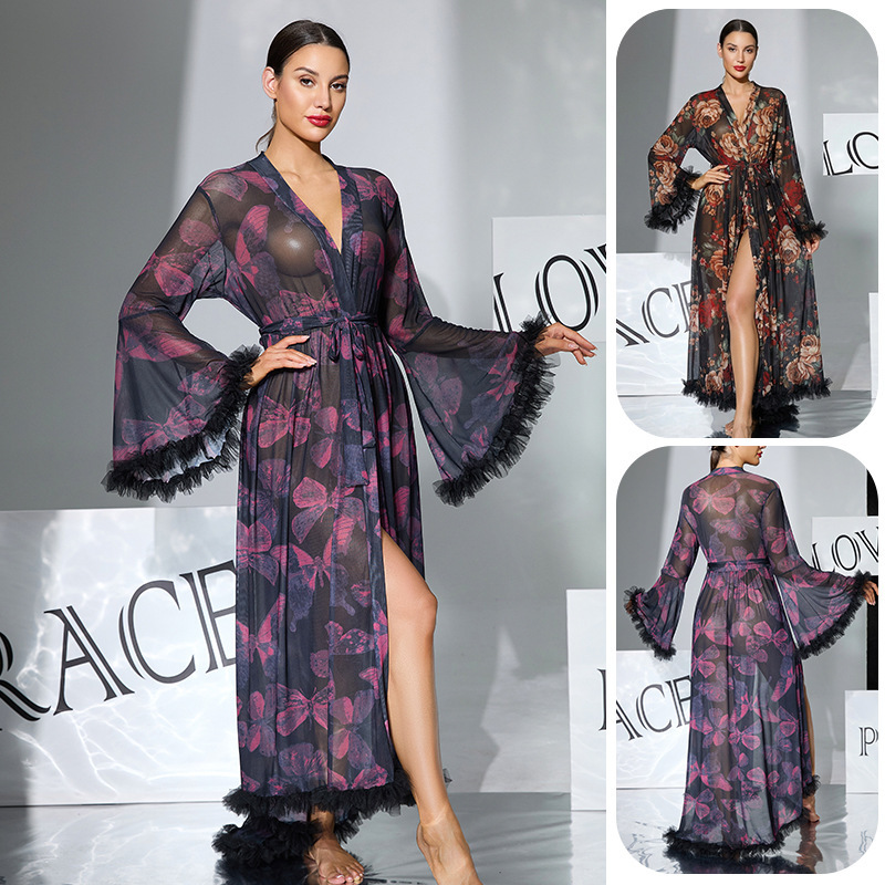 European and American Style Bell-Sleeve Butterfly Print Mesh Nightgown with Lace-Up Tassels, Frayed Edges, High Slit Bathrobe Loungewear 1119 European and American Style Bell-Sleeve Butterfly Print Mesh Nightgown with Lace-Up Tassels, Frayed Edges, High Slit Bathrobe Loungewear 1119