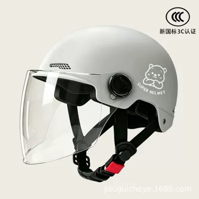 and women's battery car four seasons Motosiklet kaskı (dəbilqə) - 02-gray-transparent-long-mirror-silver-white-bear