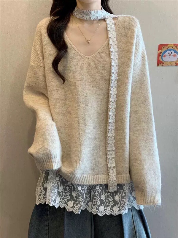 2025秋冬新款飘带蕾丝拼接V领套头毛衣女宽松甜美温柔针织衫上衣|undefined